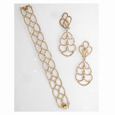 Gianmaria Buccellati, Demi Parure Composta da Bracciale e Coppia di Orecchini in Oro Giallo e Bri...