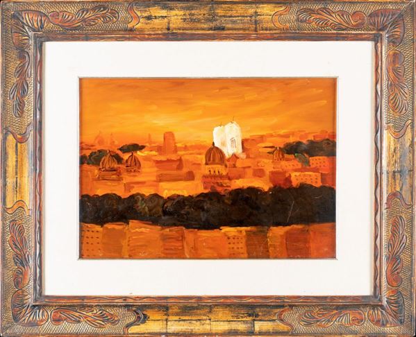 Carlo Quaglia Tetti di Roma Olio su masonite Asta Arte Moderna e