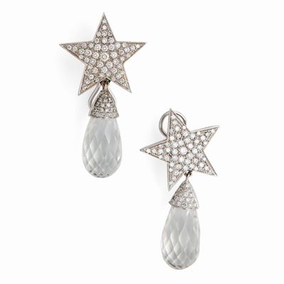 Orecchini in Oro Bianco a Stella con Brillanti e Goccia di Cristallo di Rocca