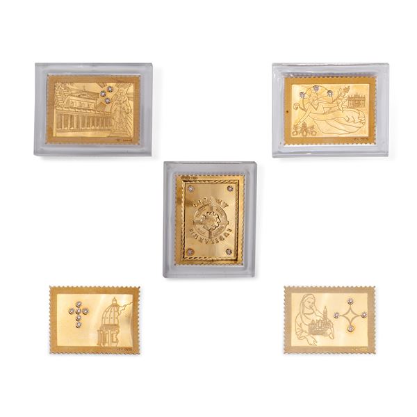 Collezione di cinque francobolli in oro e brillanti  - Asta Fine Jewels - II - Casa d'Aste Arcadia
