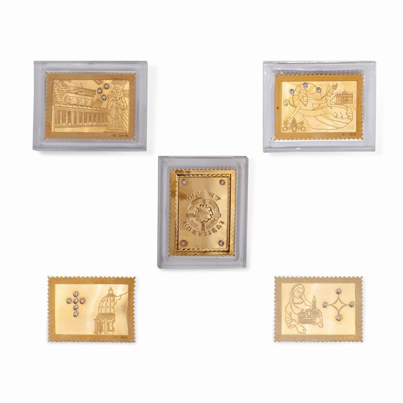 Collezione di Cinque Francobolli in Oro e Brillanti