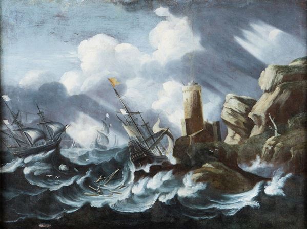 Bartolomeo Pedon - Mare in tempesta con velieri e faro