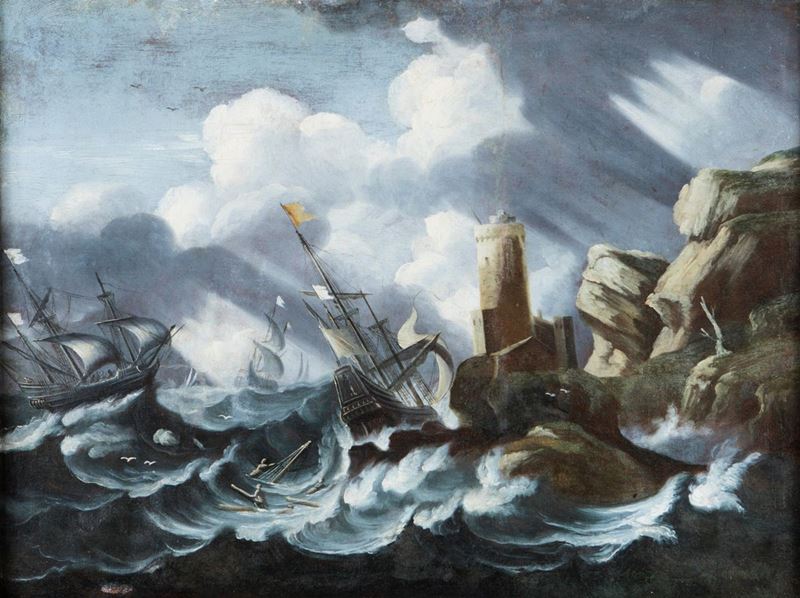 Bartolomeo Pedon - Mare in Tempesta con Velieri e Faro