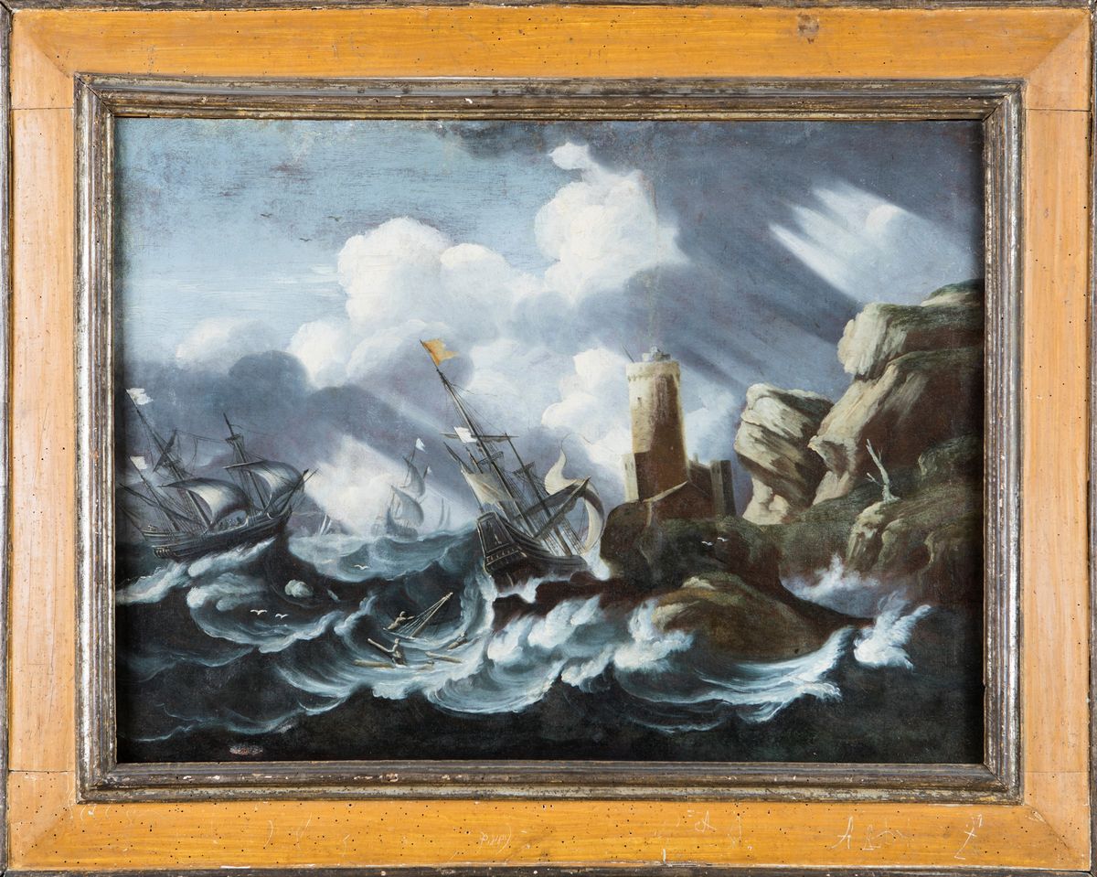 Bartolomeo Pedon - Mare in Tempesta con Velieri e Faro