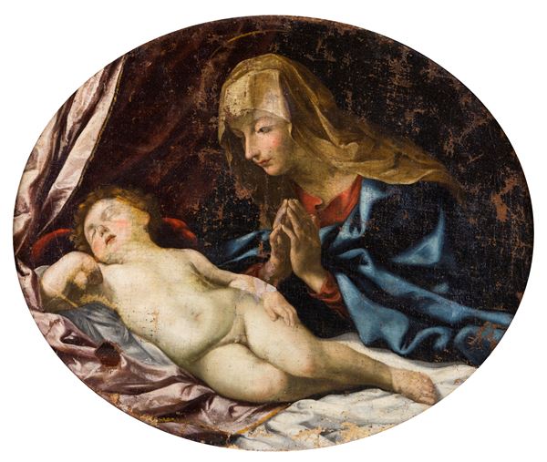 Scuola Emiliana del XVII secolo - Madonna in adorazione sul Bambino dormiente
