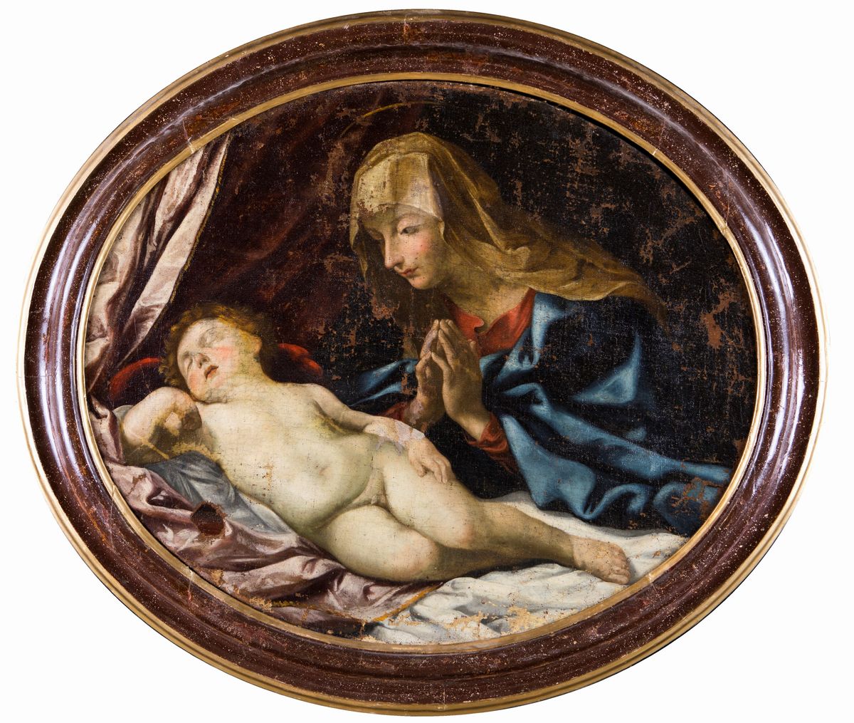 Scuola Emiliana del XVII Secolo - Madonna in Adorazione sul Bambino Dormiente