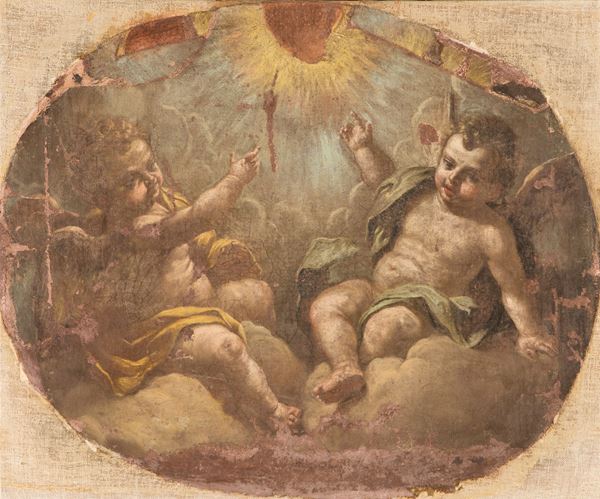 Scuola Lombarda del XVII secolo - Coppia di puttini su nubi