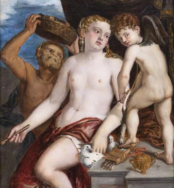 Scuola Veneta del XVII secolo - Venere, Amore e un satiro