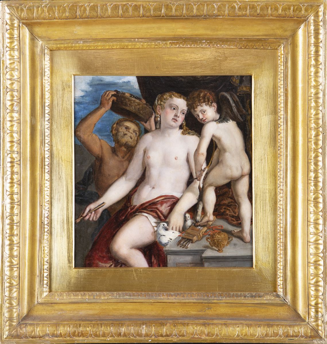 Scuola Veneta del XVII Secolo - Venere, Amore e un Satiro