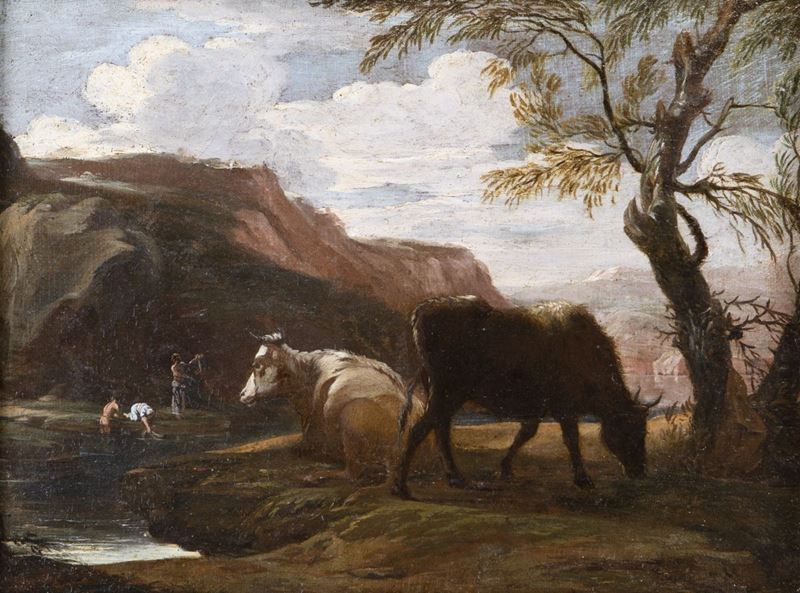 Scuola Romana del XVII Secolo - Paesaggio Fluviale con Buoi e Figure in Lontananza