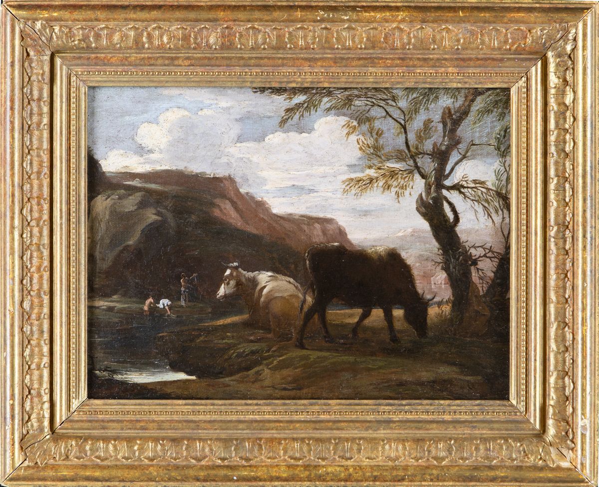 Scuola Romana del XVII Secolo - Paesaggio Fluviale con Buoi e Figure in Lontananza
