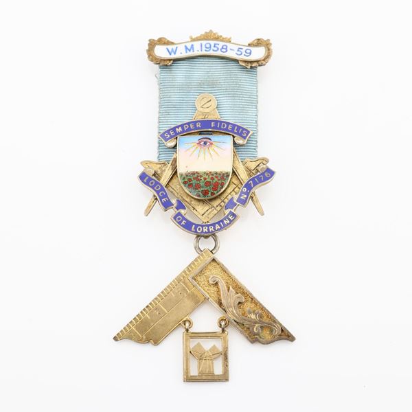 Distintivo con coccarda e spilla della Lodge of Lorraine n&#176; 7176 in sterling silver e smalti
