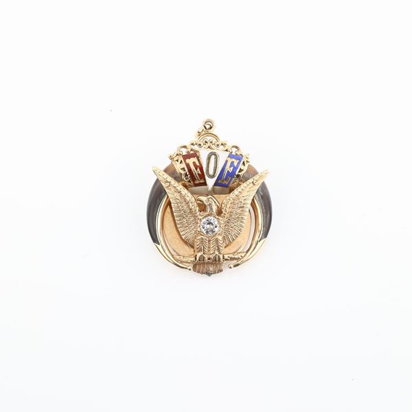 Pendente massonico in oro 14 kt, smalti e zircone