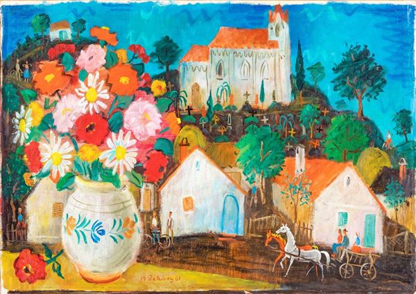 Istv&#225;n Pek&#225;ry - Città con chiesa e vaso di fiori