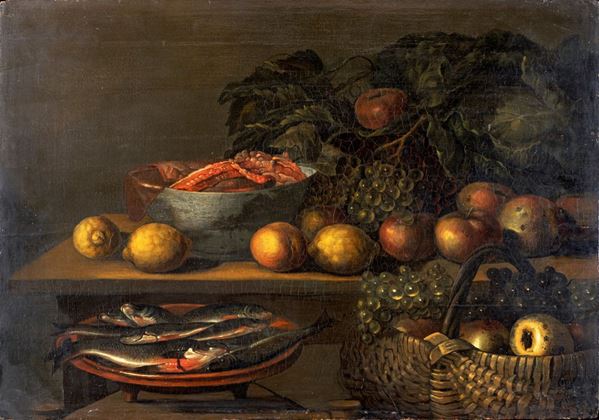 Pittore spagnolo del XIX secolo - Natura morta di frutta e pesci