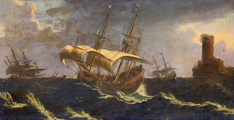 Scuola Fiamminga del XVIII Secolo - Velieri in Mare Burrascoso