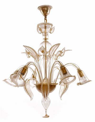 Lampadario in Vetro Paglierino a Sei Luci, Murano, XX Secolo