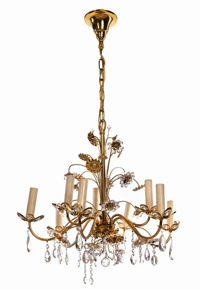 Lampadario a Nove Luci in Ottone e Cristallo