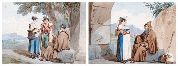 Bartolomeo Pinelli - a) Donna di Frascati ed un eremita  b) Contadini della campagna di Roma ed un eremita