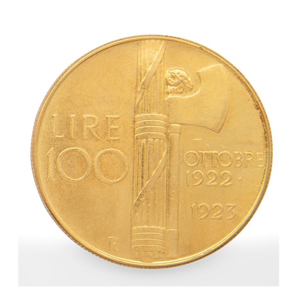 Moneta, riproduzione delle 100 lire del fascio 1923 in oro giallo