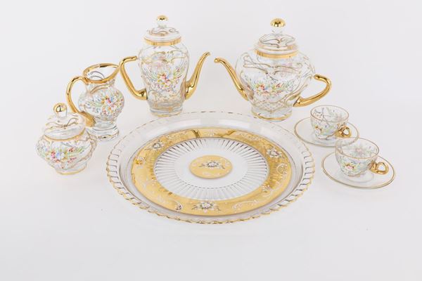 Servizio tete à tete in vetro decorato a mano con smalti policromi e oro 24 kt