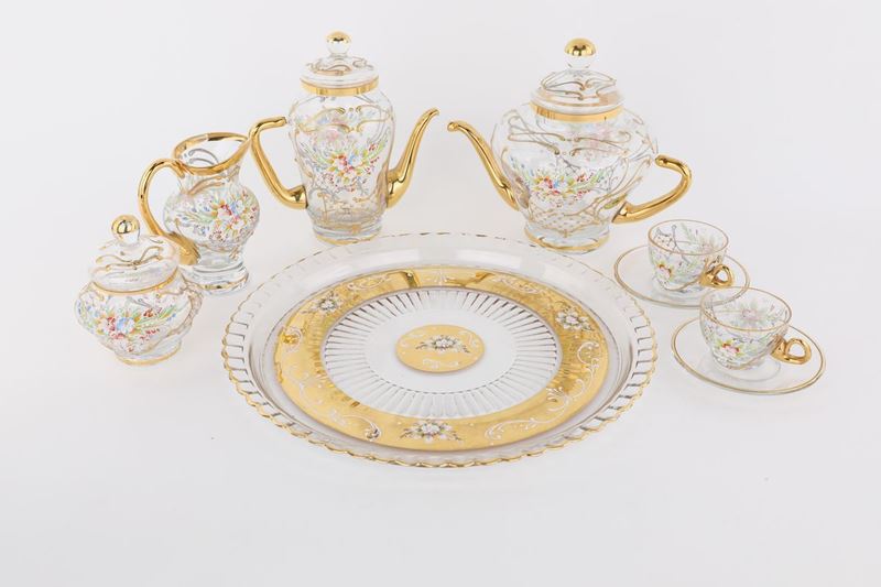 Servizio Tete À Tete in Vetro Decorato a Mano con Smalti Policromi e Oro 24 Kt