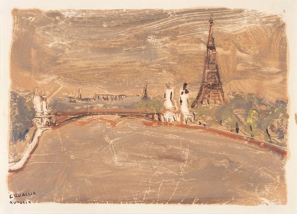 Carlo Quaglia : Parigi (La Senna e la Torre Eiffel)  (1952)  - Olio su carta - Asta Asta a Tempo - Arte Moderna e Contemporanea - Grafica e Disegni - Casa d'Aste Arcadia