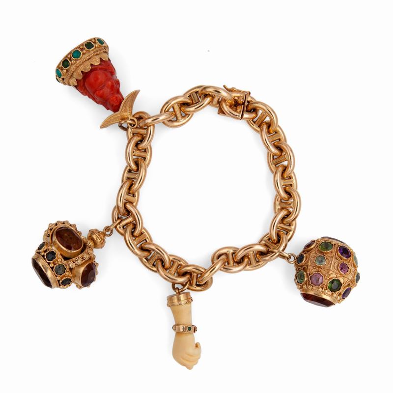 Bracciale Anni '50 in Oro Corallo e Pietre Naturali