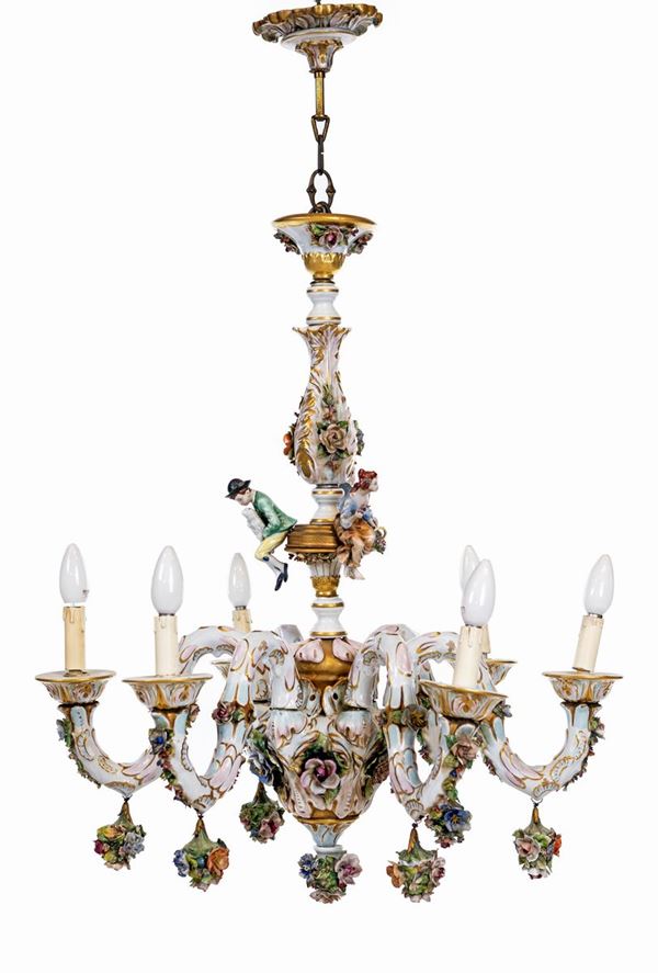 Lampadario in porcellana policroma a sei luci, fine del XIX secolo  - Asta Antiquariato - Casa d'Aste Arcadia