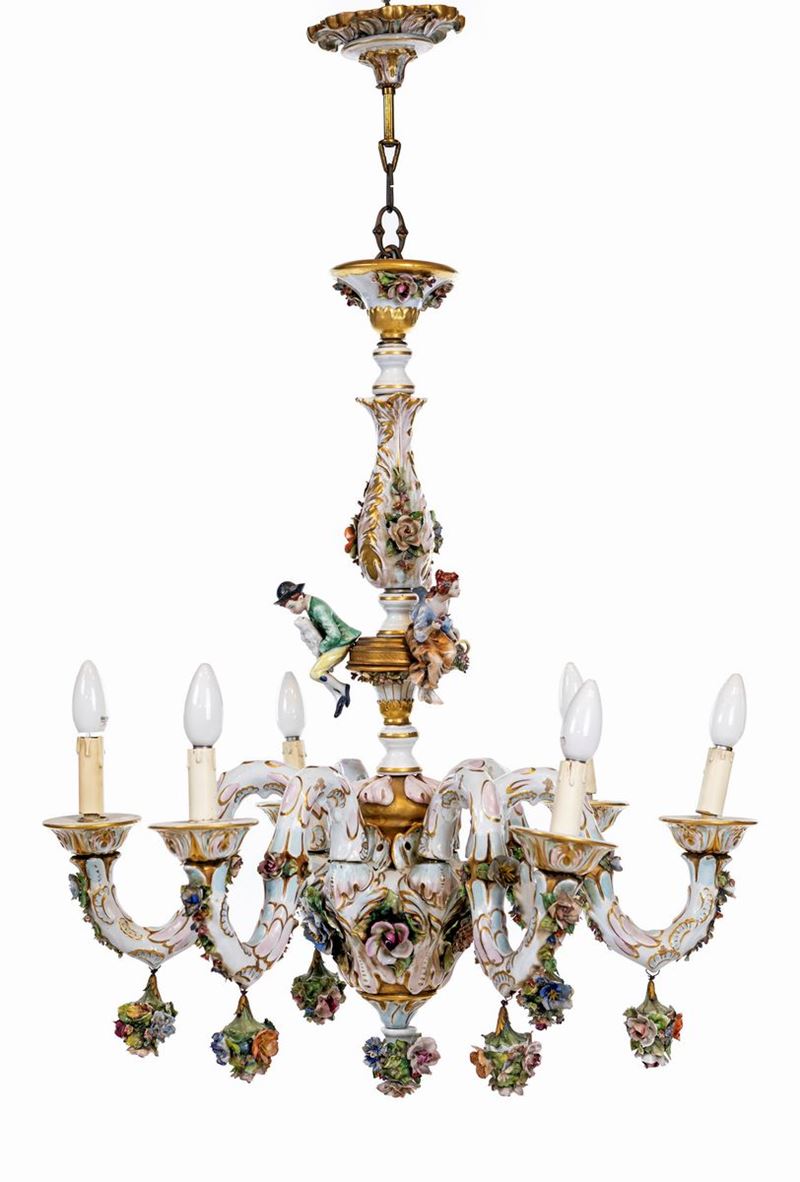 Lampadario in Porcellana Policroma a Sei Luci, Fine del XIX Secolo