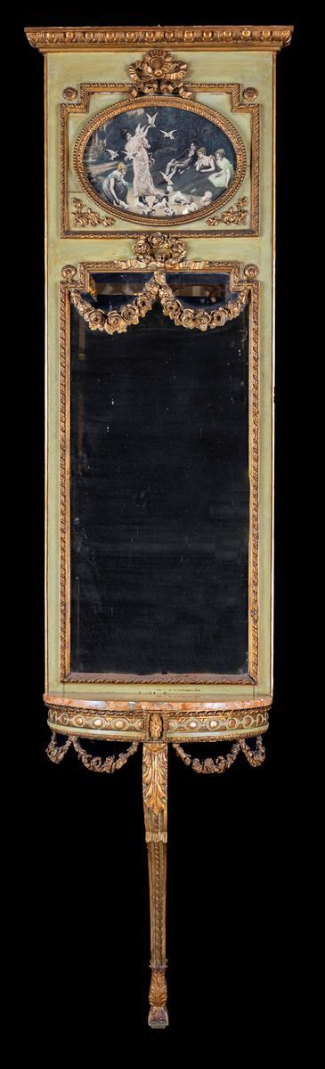 Piccola Console D'applique in Legno Laccato e Dorato con Specchiera, Inizi del XX Secolo