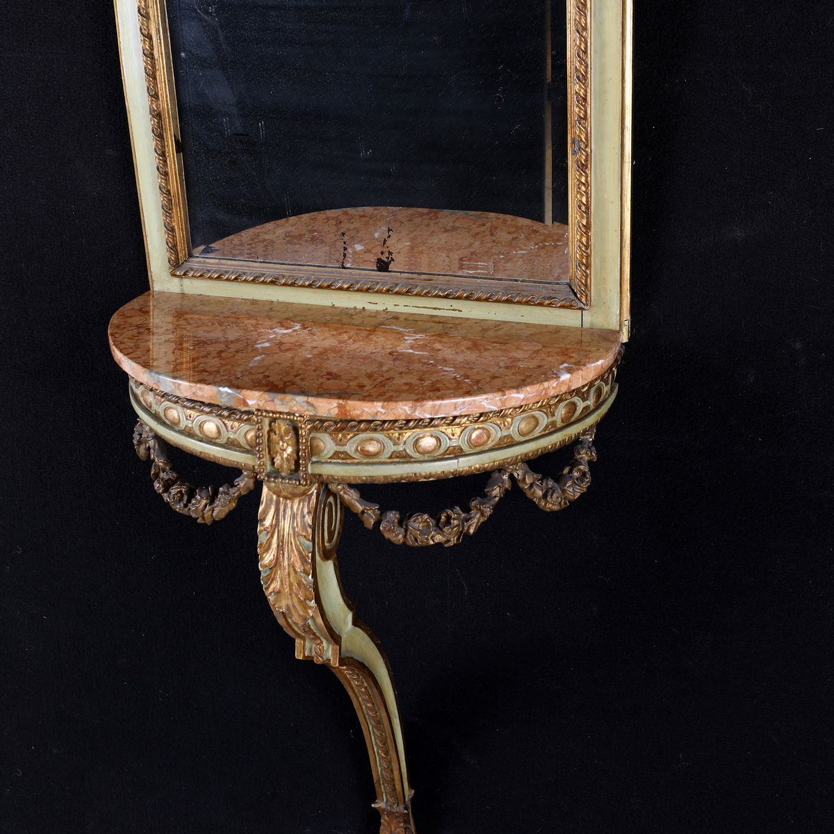Piccola Console D'applique in Legno Laccato e Dorato con Specchiera, Inizi del XX Secolo