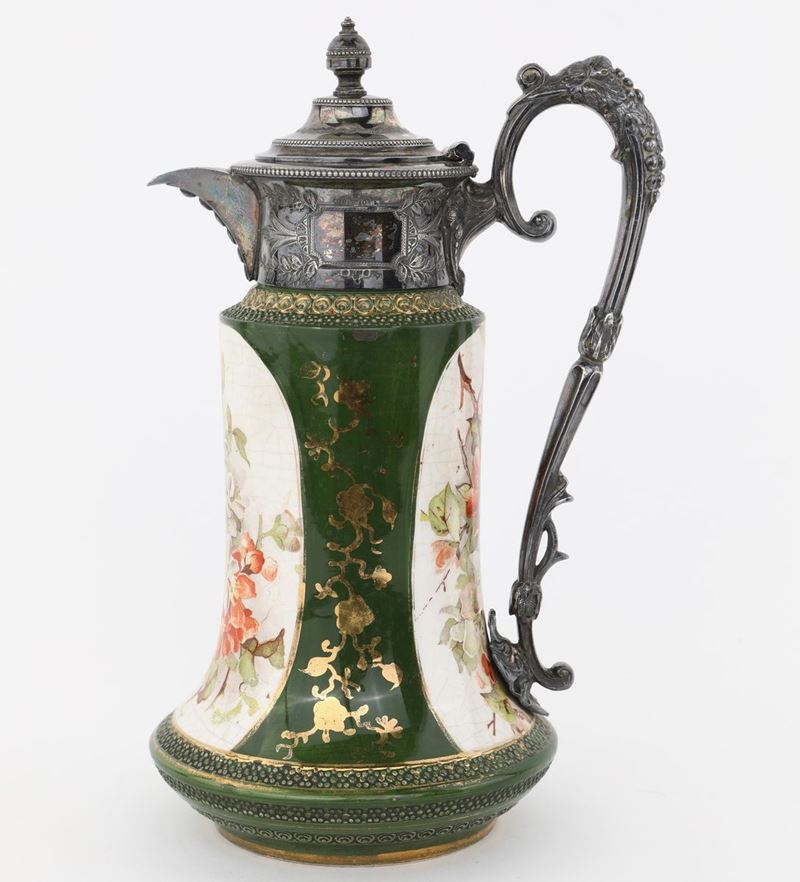 Caffettiera in Terraglia e Metallo Argentato, W Wood & Co., Inghilterra, Fine XIX Secolo