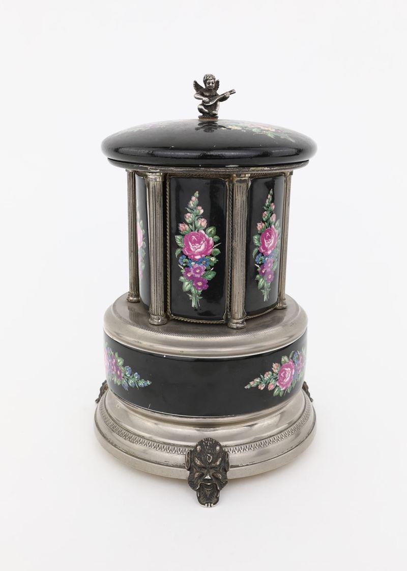 Reuge, Patent Simo Florence - Portasigarette con Carillon in Porcellana e Metallo Argentato