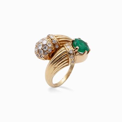 Anello in Oro Giallo Brillanti e Smeraldo