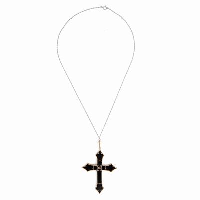 Pendente a Croce Art Decò, Oro Brillanti Onice e Perle