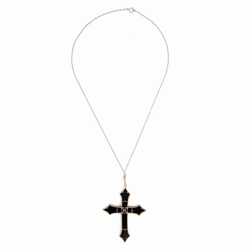 Pendente a Croce Art Decò, Oro Brillanti Onice e Perle