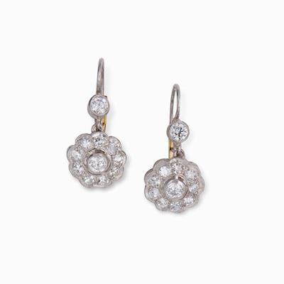Orecchini Anni '30 a Fiore in Oro Platino e Brillanti