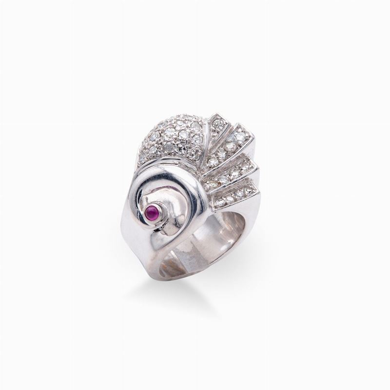 Anello a Ponte in Oro Brillanti e Rubini, Anni '30