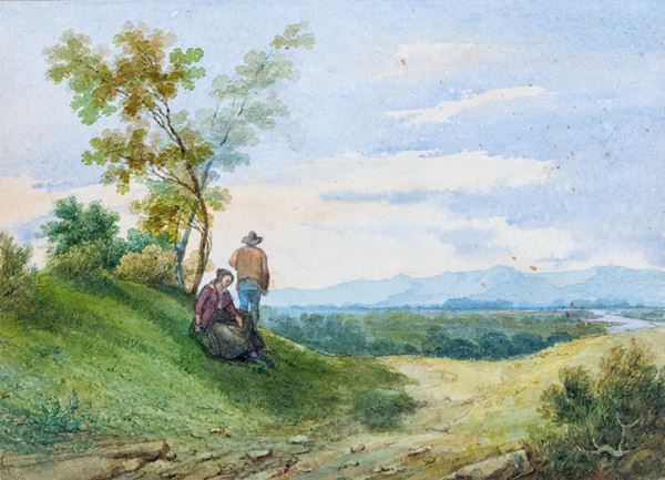 Pittore della fine del XIX secolo - Paesaggio con figure