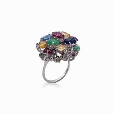Anello in Oro a Fiore, Brillanti e Pietre Preziose