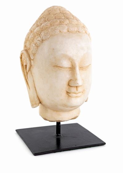 Testa di Buddha in Alabastro, Birmania, Seconda Metà del XIX Secolo