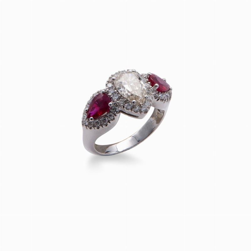 Anello in Oro, Brillante Fancy, Brillanti e Rubini