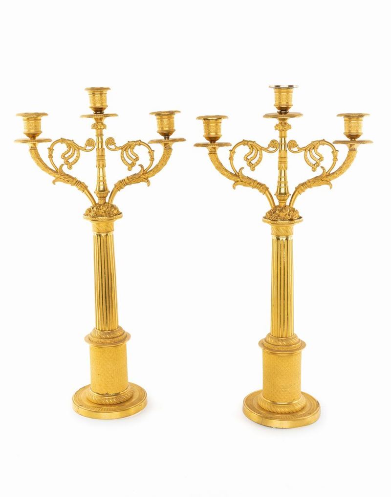Coppia di Candelabri in Bronzo Dorato a Tre Luci, Inizi del XIX Secolo