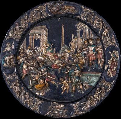 Grande Piatto Decorativo in Cartapesta Policroma e Dorata, Fine del XIX/inizi del XX Secolo