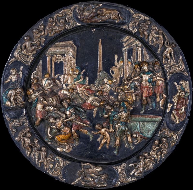 Grande Piatto Decorativo in Cartapesta Policroma e Dorata, Fine del XIX/inizi del XX Secolo
