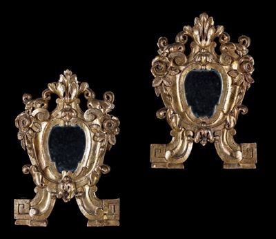 Coppia di Piccole Cartegloria in Legno Dorato con Specchi, XIX Secolo