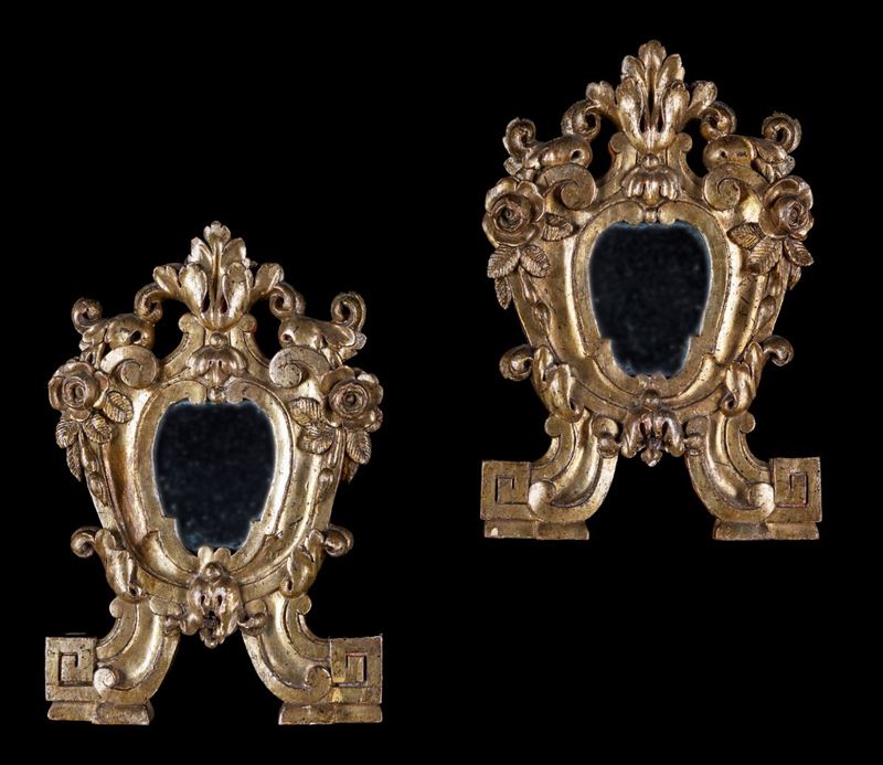 Coppia di Piccole Cartegloria in Legno Dorato con Specchi, XIX Secolo