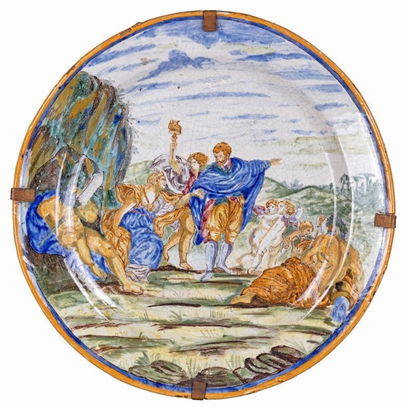 Grande Piatto da Parata in Maiolica Policroma, Castelli