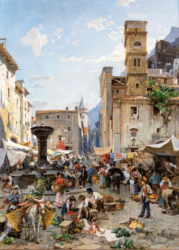 Franz Theodor Aerni - Il mercato in piazza - Costiera Amalfitana